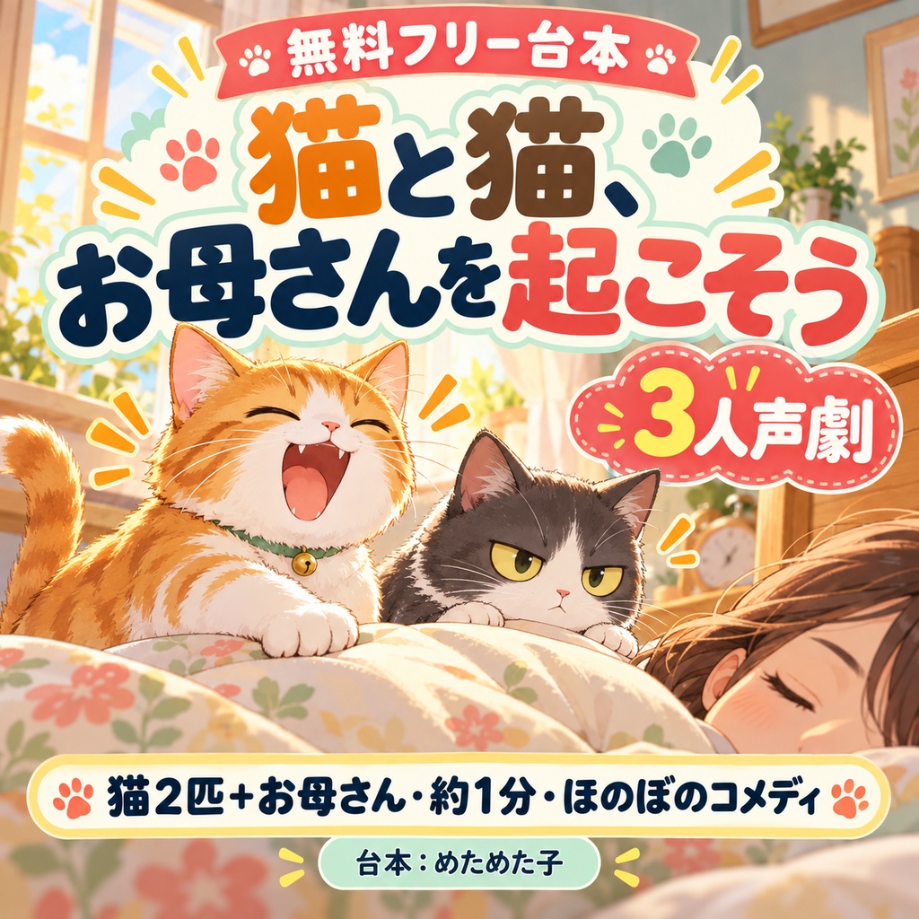 【無料フリー台本】猫と猫、お母さんを起こそう【3人声劇／猫2匹＋お母さん／ほのぼのコメディ】
