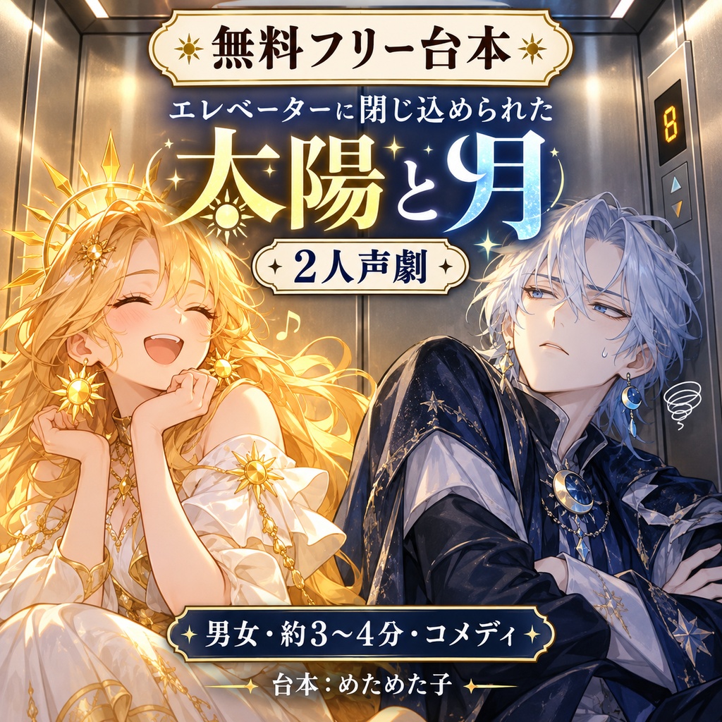 【無料フリー台本】エレベーターに閉じ込められた太陽と月【2人劇/1人2役/コメディ/朗読/掛け合い】