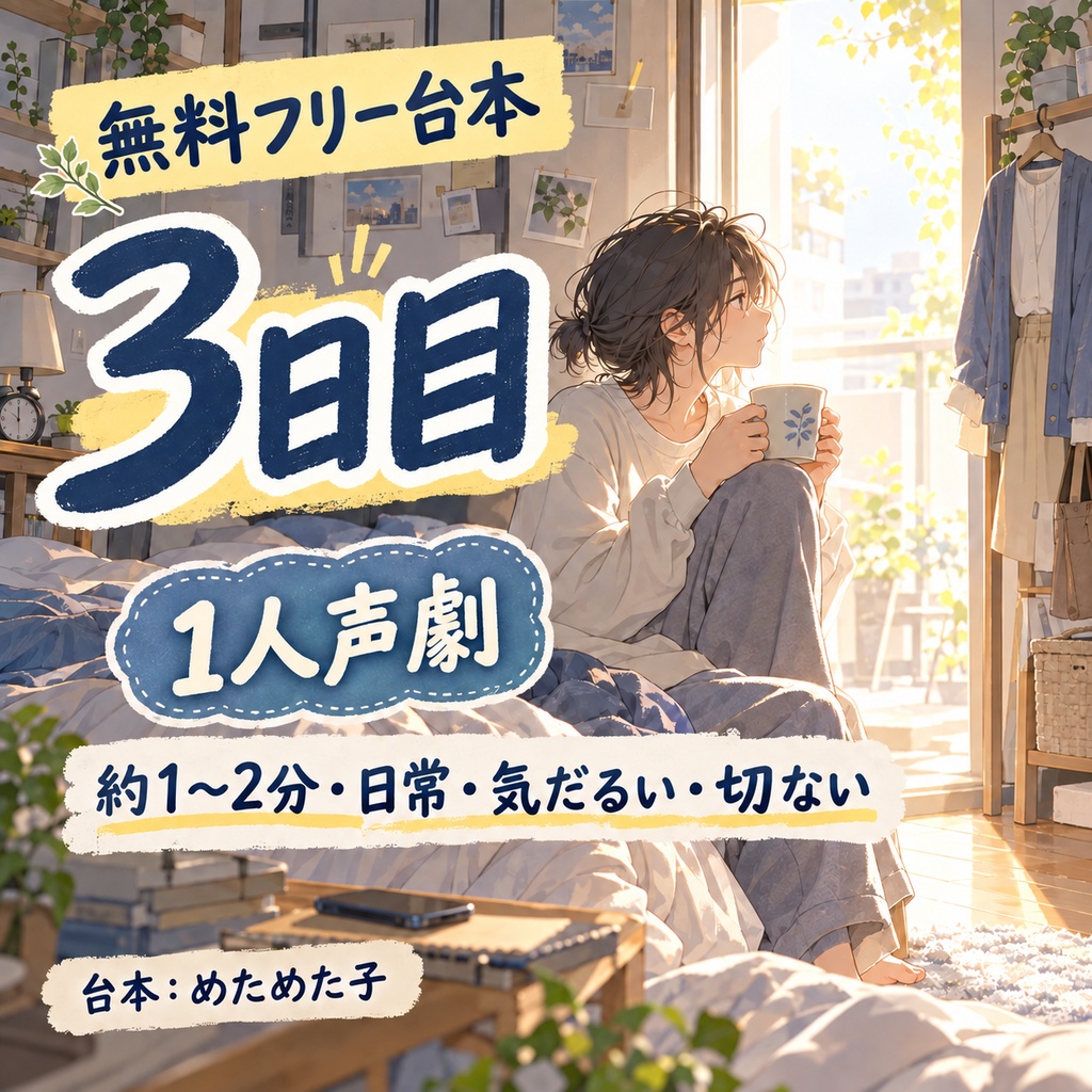 【無料フリー台本】3日目【1人声劇／日常／気だるい／切ない】