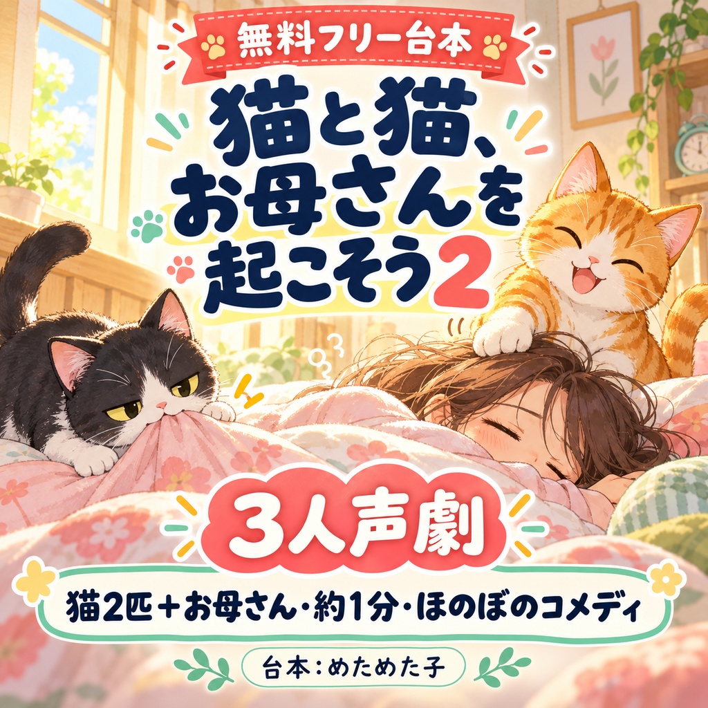【無料フリー台本】猫と猫、お母さんを起こそう2【3人声劇／猫2匹＋お母さん／ほのぼのコメディ】