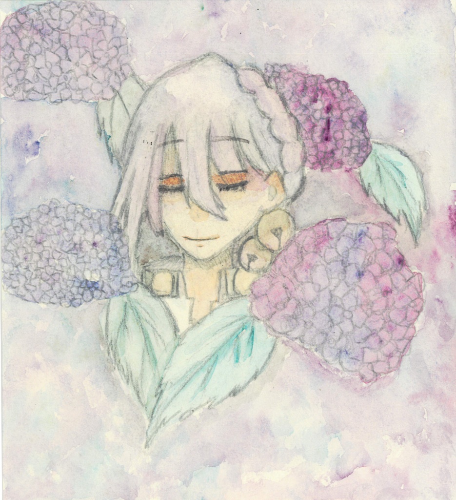 透明水彩原画　伊織弓鶴と紫陽花