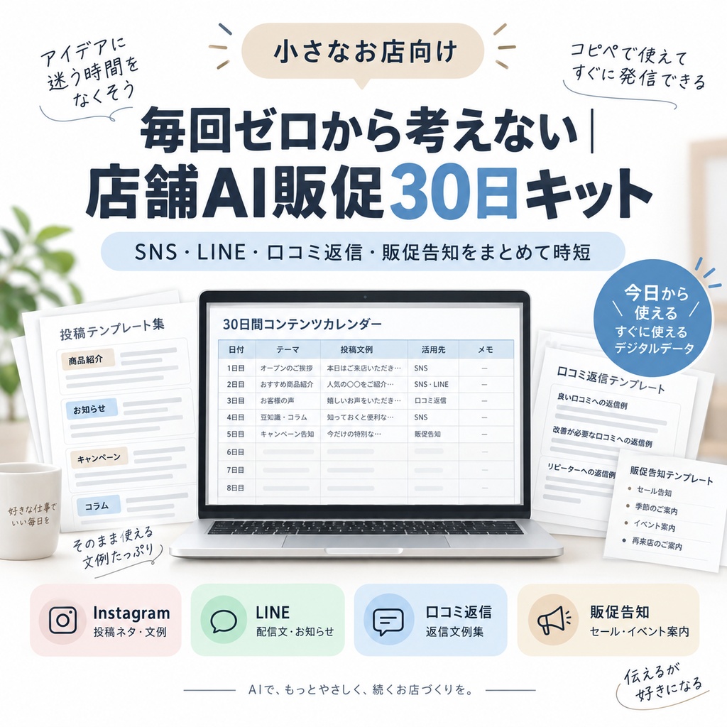 【店舗向け】AI販促30日キット｜Instagram30＋LINE12＋口コミ返信50＋販促告知12＋ChatGPT Prompt