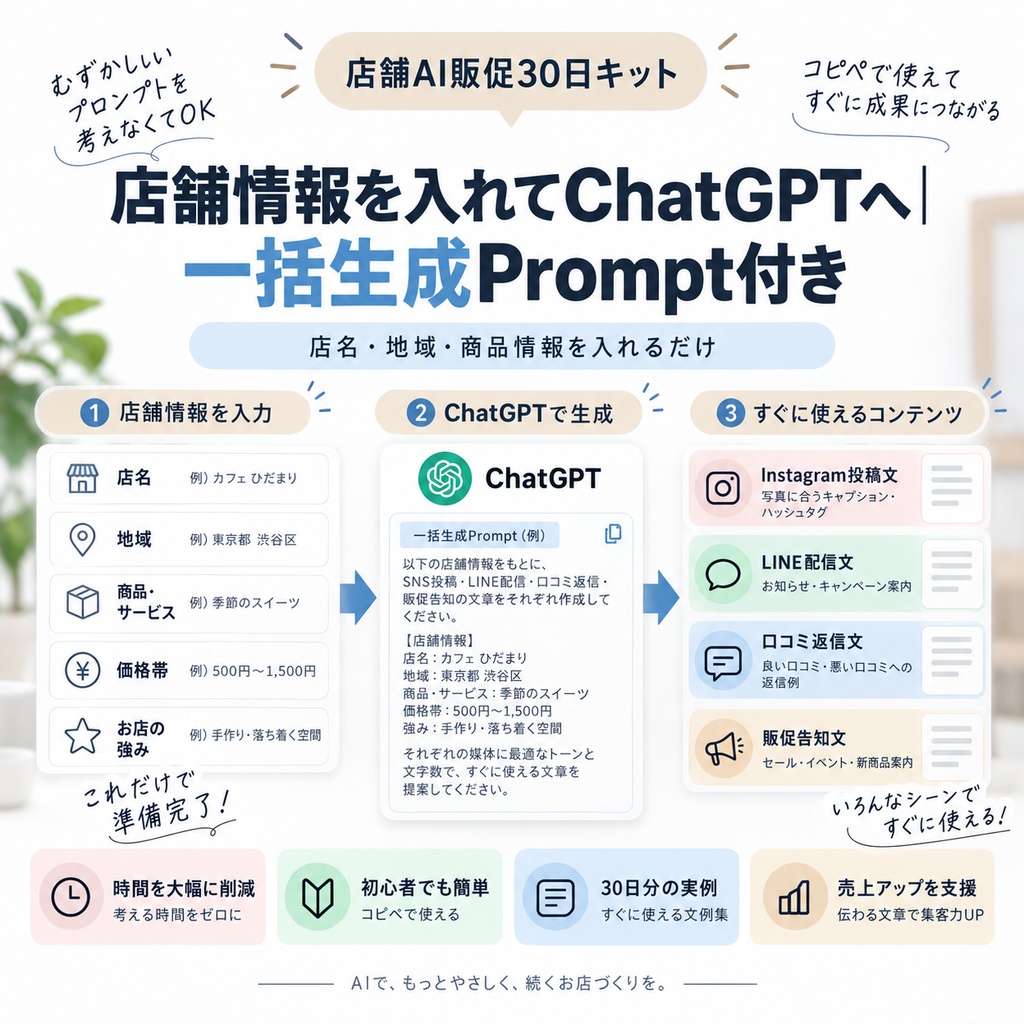 【店舗向け】AI販促30日キット|Instagram30+LINE12+口コミ返信50+販促告知12+ChatGPT Prompt