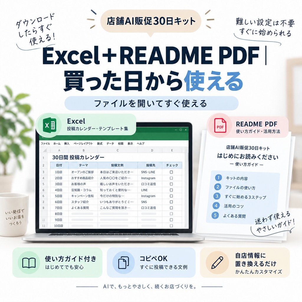 【店舗向け】AI販促30日キット|Instagram30+LINE12+口コミ返信50+販促告知12+ChatGPT Prompt