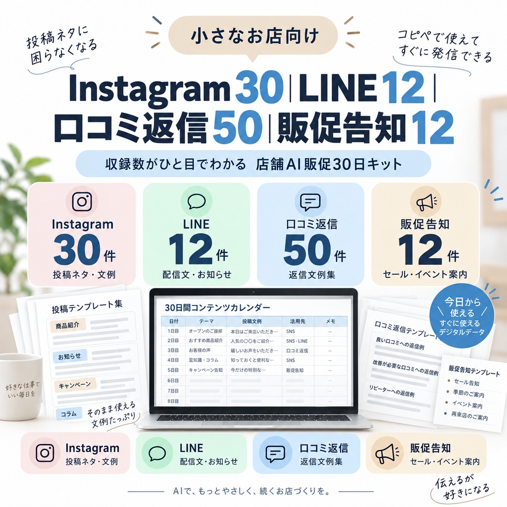【店舗向け】AI販促30日キット|Instagram30+LINE12+口コミ返信50+販促告知12+ChatGPT Prompt