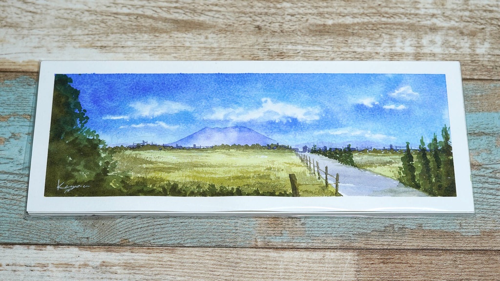 水彩画 背景イラスト『遥かなる道と桜島』