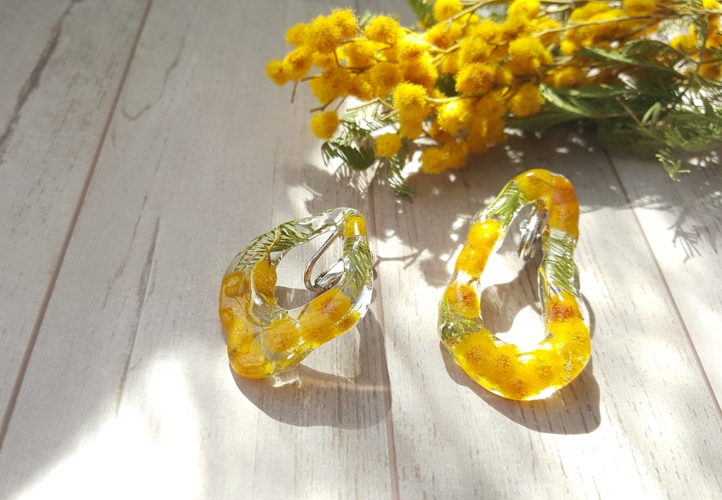 ミモザのドライフラワーのイヤリング みどり Paillettes Booth