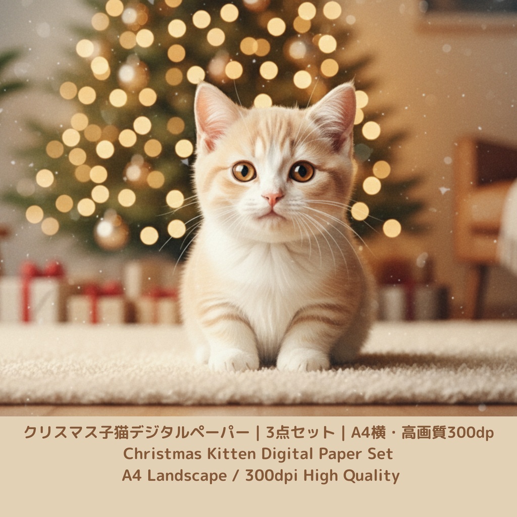 クリスマス子猫デジタルペーパー|3点セット|A4横・300dpi