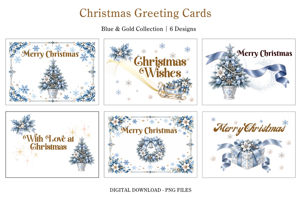 【デジタルカード6枚セット】Merry Christmas｜ブルー＆ゴールド｜LINE・メールで送れる上品なクリスマスカード