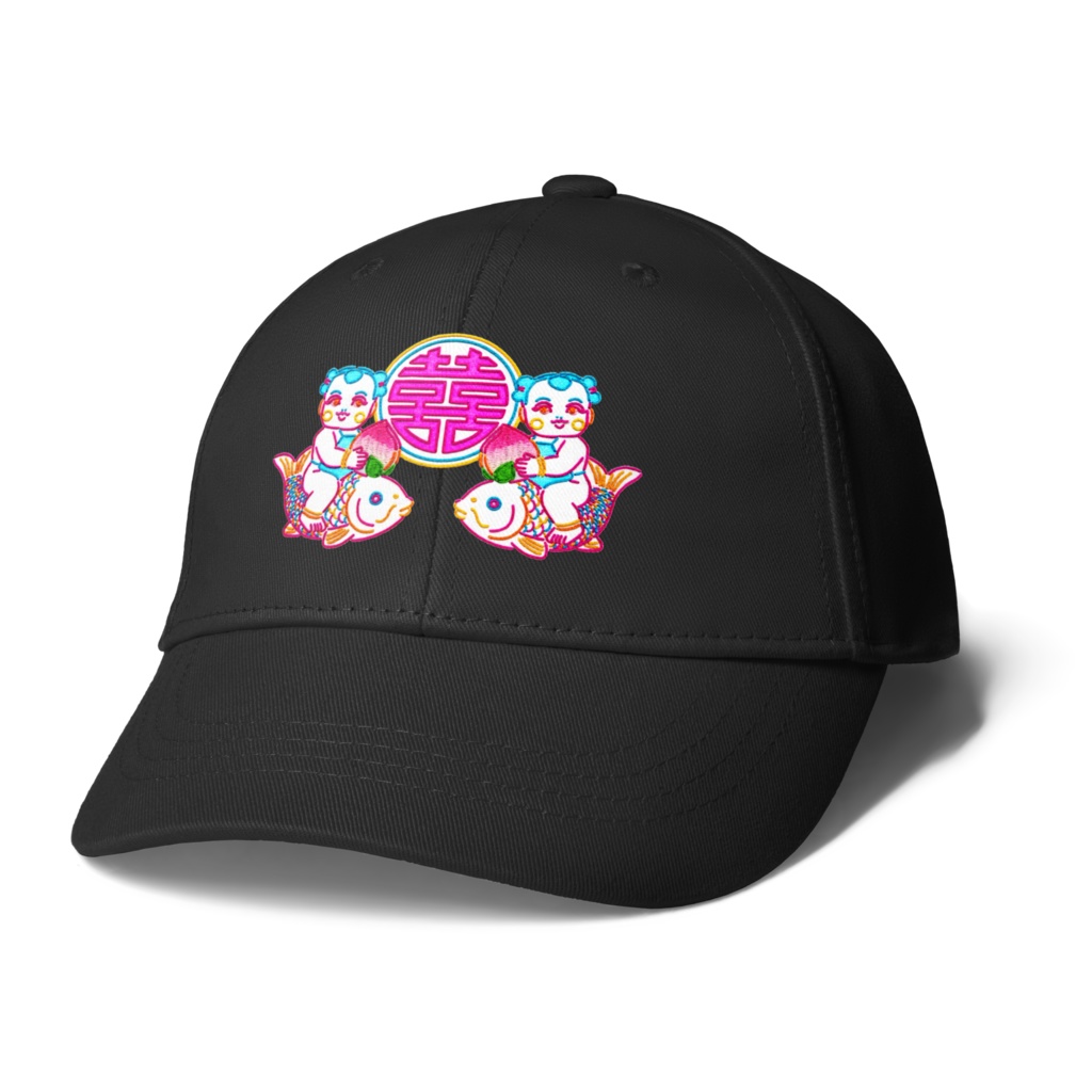 【刺繍風】双喜紋と魚乗童子