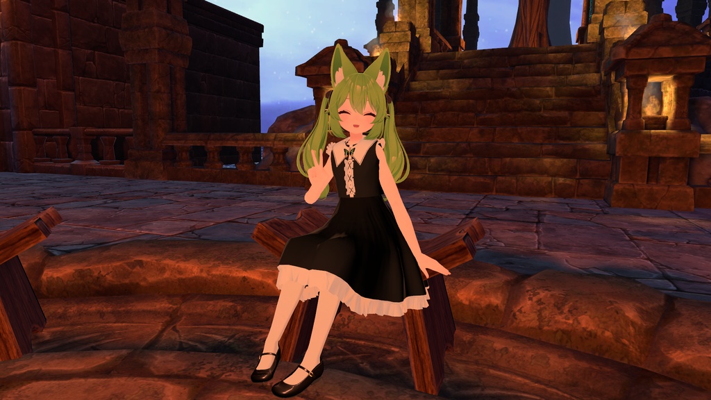 【こまどアバター・桔梗・白猫のライム・フローレン専用】ストラップシューズとフリルドレス「アルギュ・ノワール」