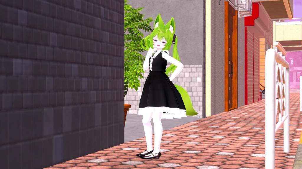 【こまどアバター・桔梗・白猫のライム・フローレン専用】ストラップシューズとフリルドレス「アルギュ・ノワール」