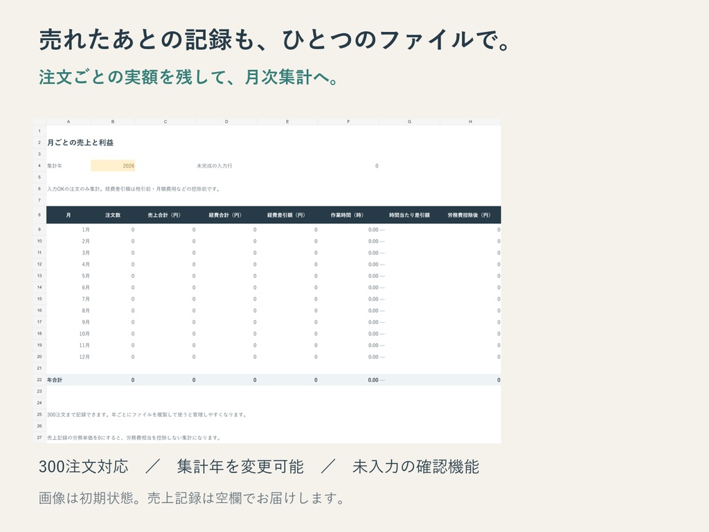 【Excel】ハンドメイド原価・値付け・利益管理セット|価格比較・売上300注文・月次集計
