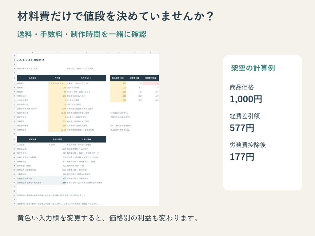 【Excel】ハンドメイド原価・値付け・利益管理セット|価格比較・売上300注文・月次集計