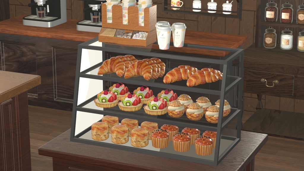 カフェのパン&スイーツ 3Dモデルセット【クロワッサン・スコーン・マフィン・フルーツタルト・シュークリーム】