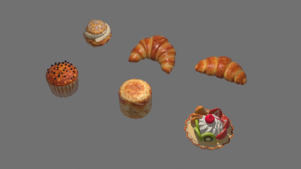 カフェのパン＆スイーツ 3Dモデルセット【クロワッサン・スコーン・マフィン・フルーツタルト・シュークリーム】