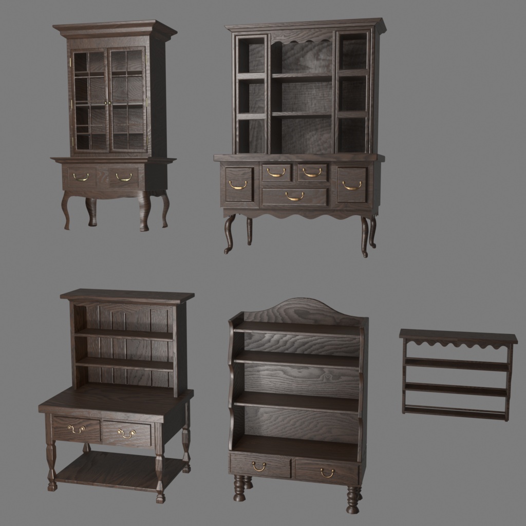 【3Dモデル】アンティーク木製棚 5点セット｜カフェ・ショップ・店舗家具【FBX】