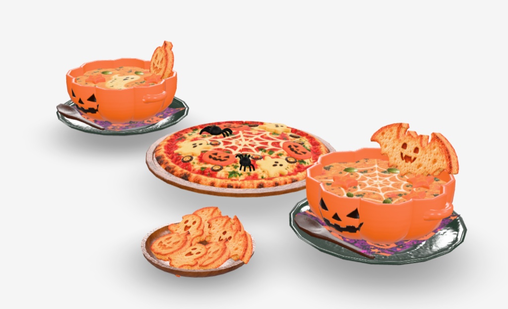 【3Dモデル・FBX】ローポリ風のかわいいハロウィンフード4点セット|かぼちゃスープ・ピザ・ラスク