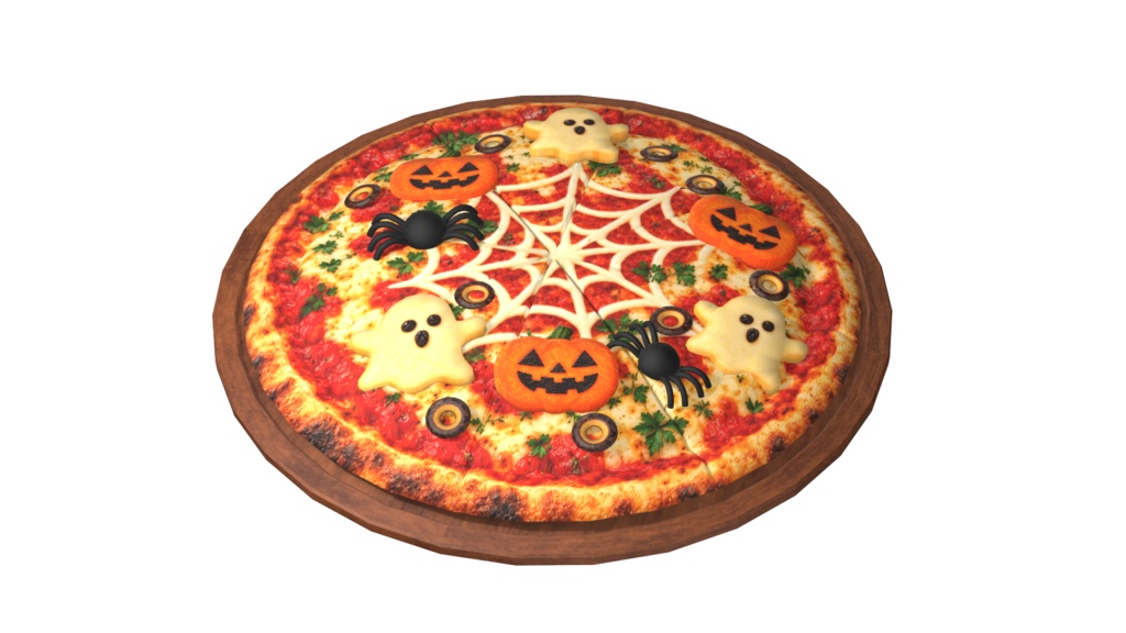 【3Dモデル・FBX】ローポリ風のかわいいハロウィンフード4点セット|かぼちゃスープ・ピザ・ラスク