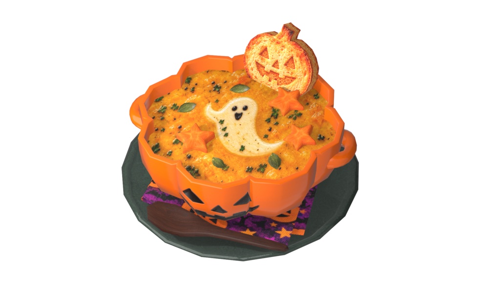 【3Dモデル・FBX】ローポリ風のかわいいハロウィンフード4点セット|かぼちゃスープ・ピザ・ラスク