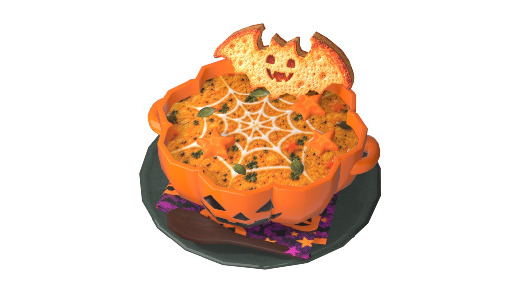 【3Dモデル・FBX】ローポリ風のかわいいハロウィンフード4点セット|かぼちゃスープ・ピザ・ラスク