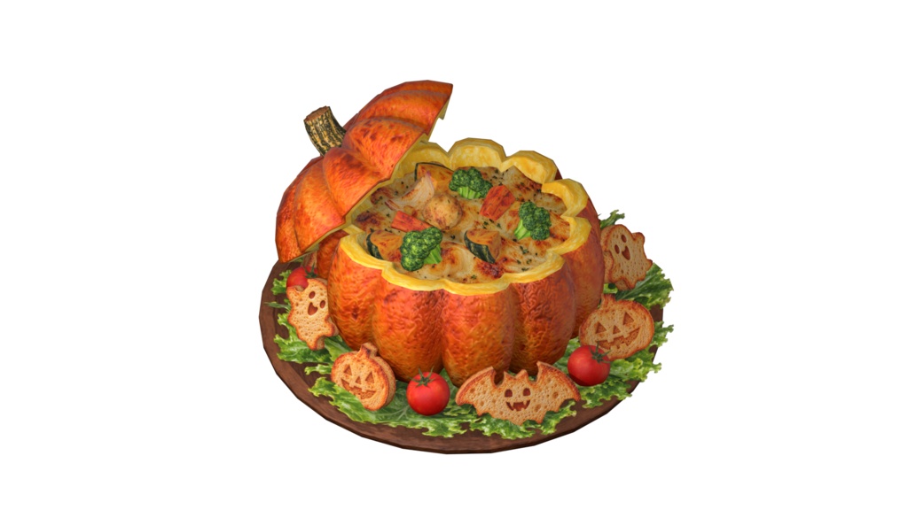 【3Dモデル・FBX】ハロウィンのかぼちゃグラタンセット｜秋の料理・飾り付け・背景小物