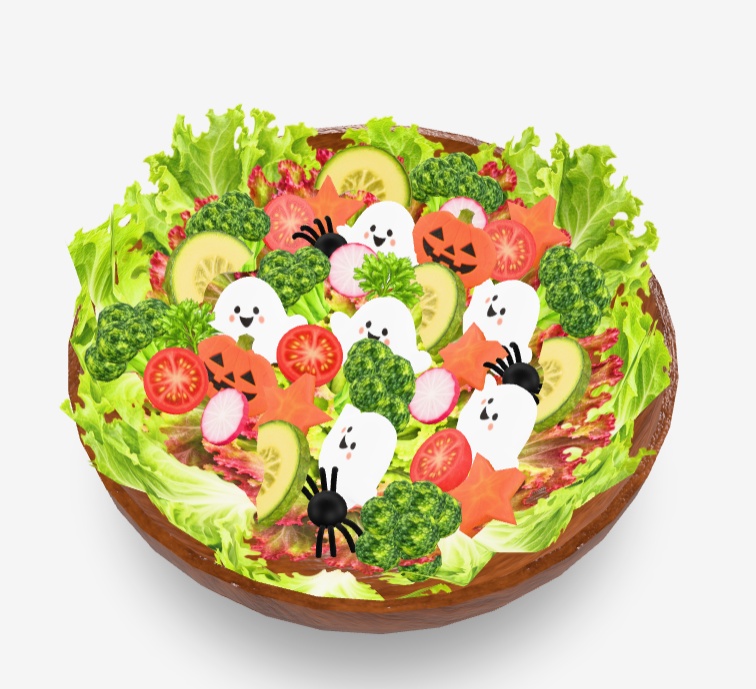 【3Dモデル・FBX】おばけのハロウィーンパーティーサラダ｜かわいい野菜とカボチャの飾り付き