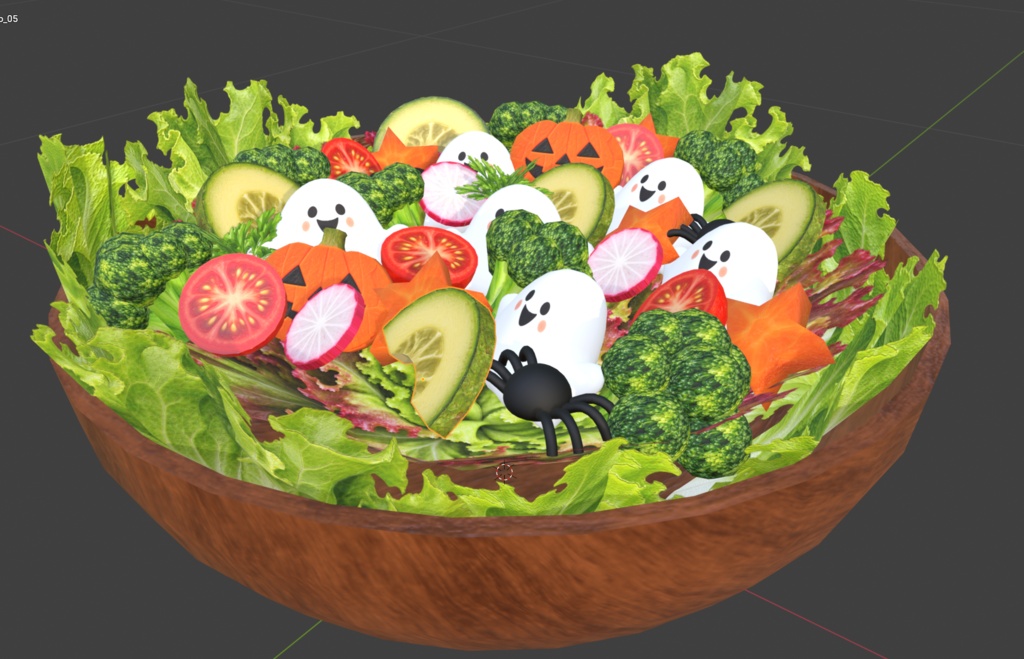 【3Dモデル・FBX】おばけのハロウィーンパーティーサラダ|かわいい野菜とカボチャの飾り付き