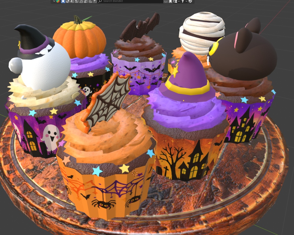 【3Dモデル・FBX】かわいいハロウィンカップケーキ6種&木製ケーキスタンドセット