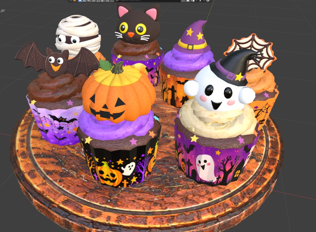 【3Dモデル・FBX】かわいいハロウィンカップケーキ6種&木製ケーキスタンドセット