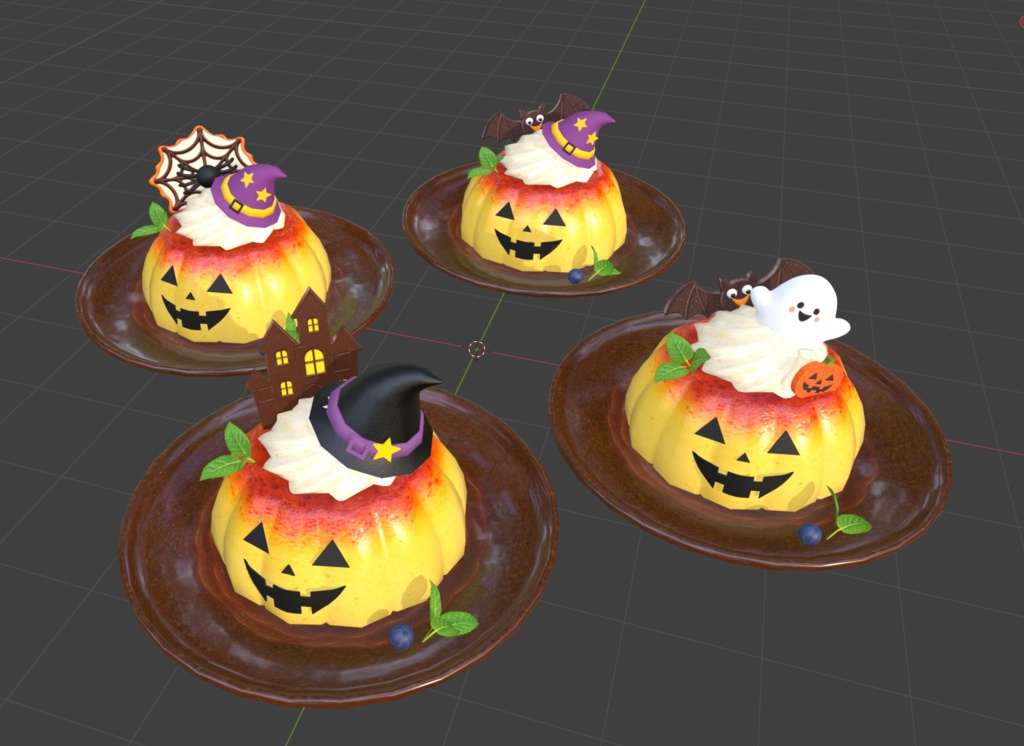 【3Dモデル・FBX】ハロウィンプリン4種セット|かわいいスイーツ・ハロウィン飾り