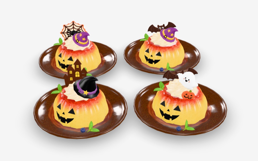 【3Dモデル・FBX】ハロウィンプリン4種セット｜かわいいスイーツ・ハロウィン飾り