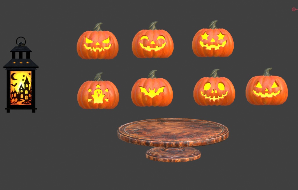 【3Dモデル】光るハロウィンかぼちゃ7種&ランタン・ディスプレイ台セット|FBX・発光テクスチャ付き