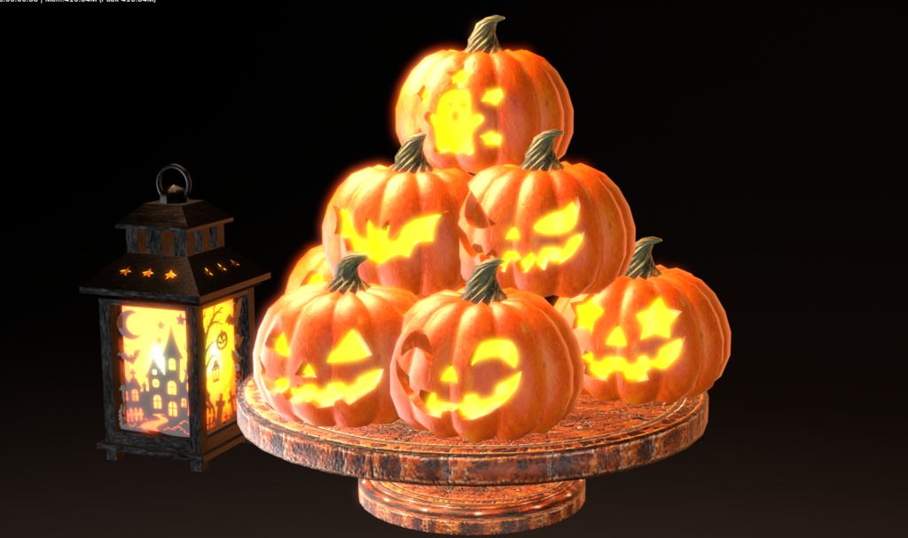 【3Dモデル】光るハロウィンかぼちゃ7種＆ランタン・ディスプレイ台セット｜FBX・発光テクスチャ付き