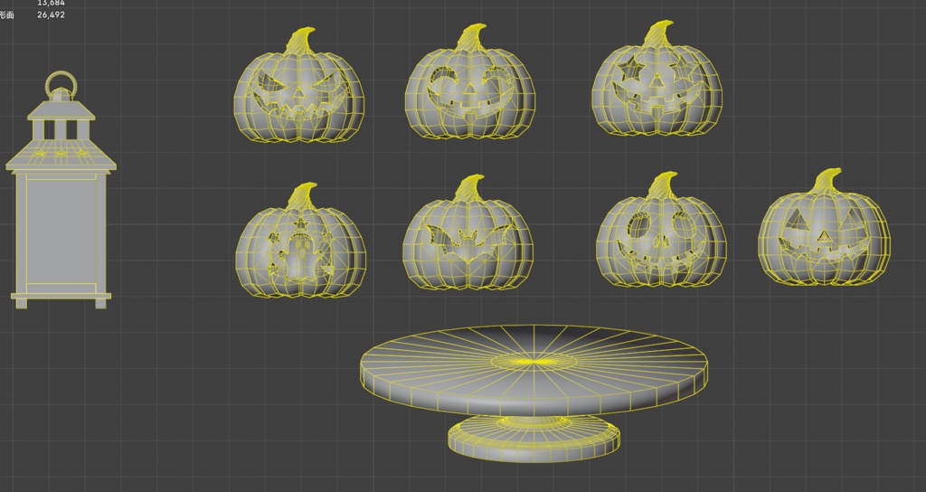 【3Dモデル】光るハロウィンかぼちゃ7種&ランタン・ディスプレイ台セット|FBX・発光テクスチャ付き