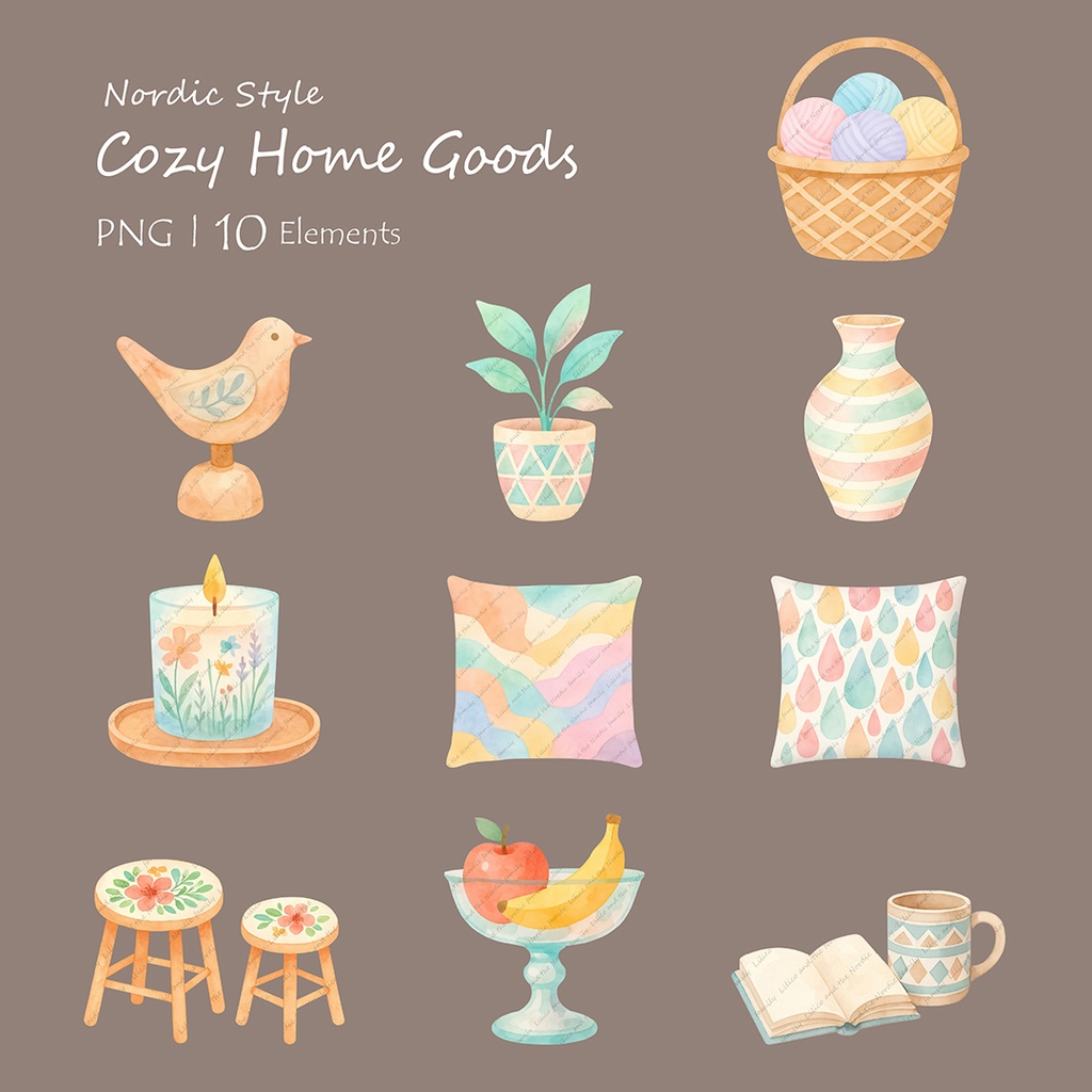 【単品購入より620円お得!】♡Complete Nordic-Style Lifestyle Goods Bundle♡クリップアート30点|背景透過PNG・商用OK・SNS&ブログに最適!