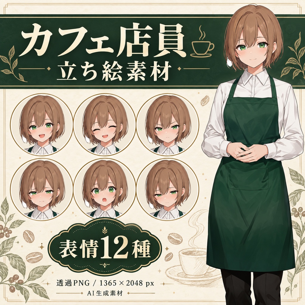 【AI生成・立ち絵素材】カフェ店員の女性｜表情12種・透過PNG｜TRPG・ゲーム向け