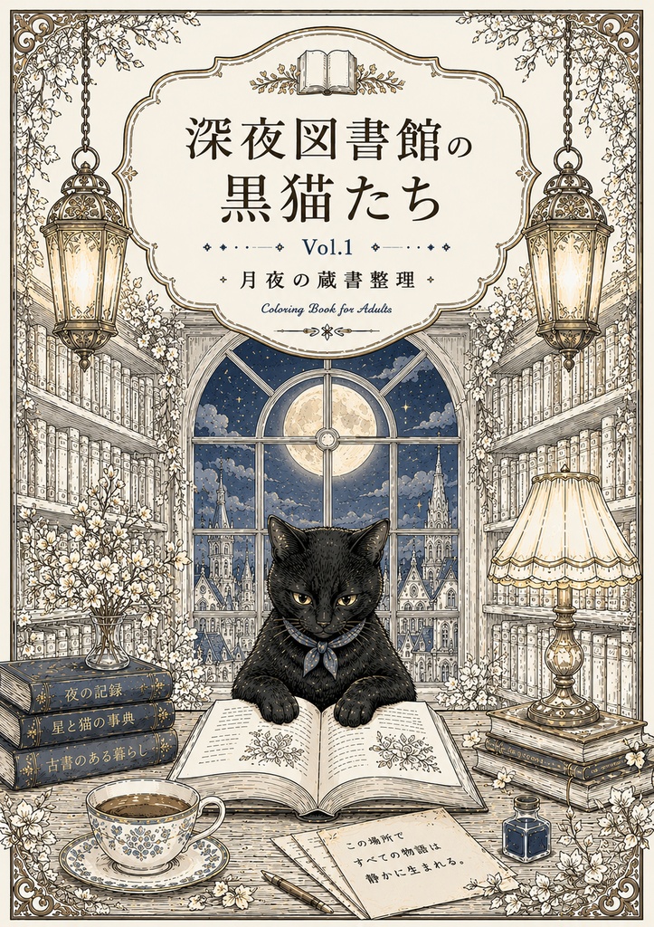 深夜図書館の黒猫たち Vol.1【大人の塗り絵PDF】