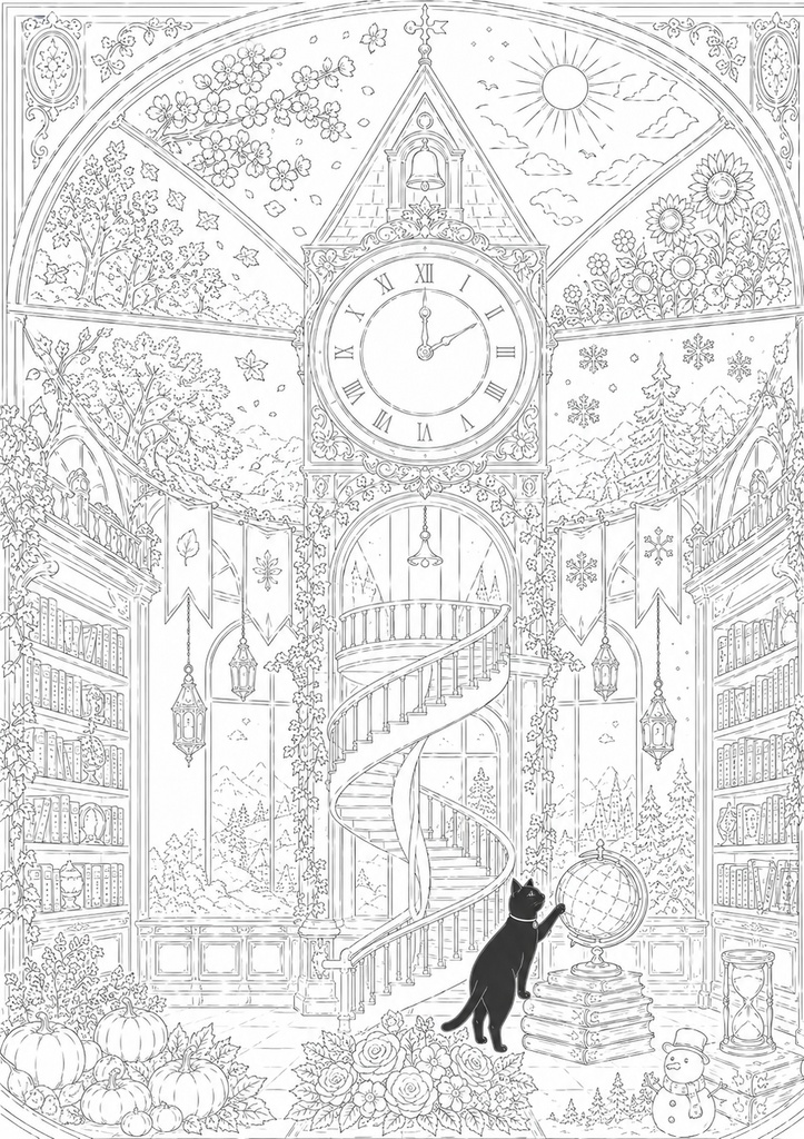深夜図書館の黒猫たち Vol.2【大人の塗り絵PDF】