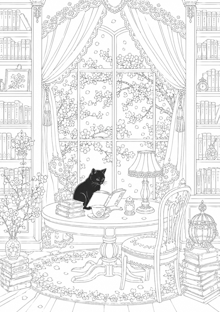 深夜図書館の黒猫たち Vol.2【大人の塗り絵PDF】