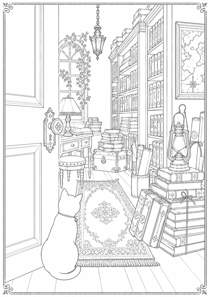 深夜図書館の黒猫たち Vol.4【大人の塗り絵PDF】