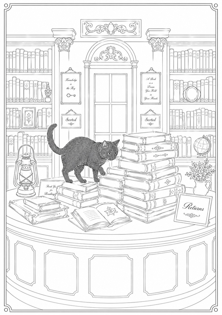 深夜図書館の黒猫たち Vol.4【大人の塗り絵PDF】