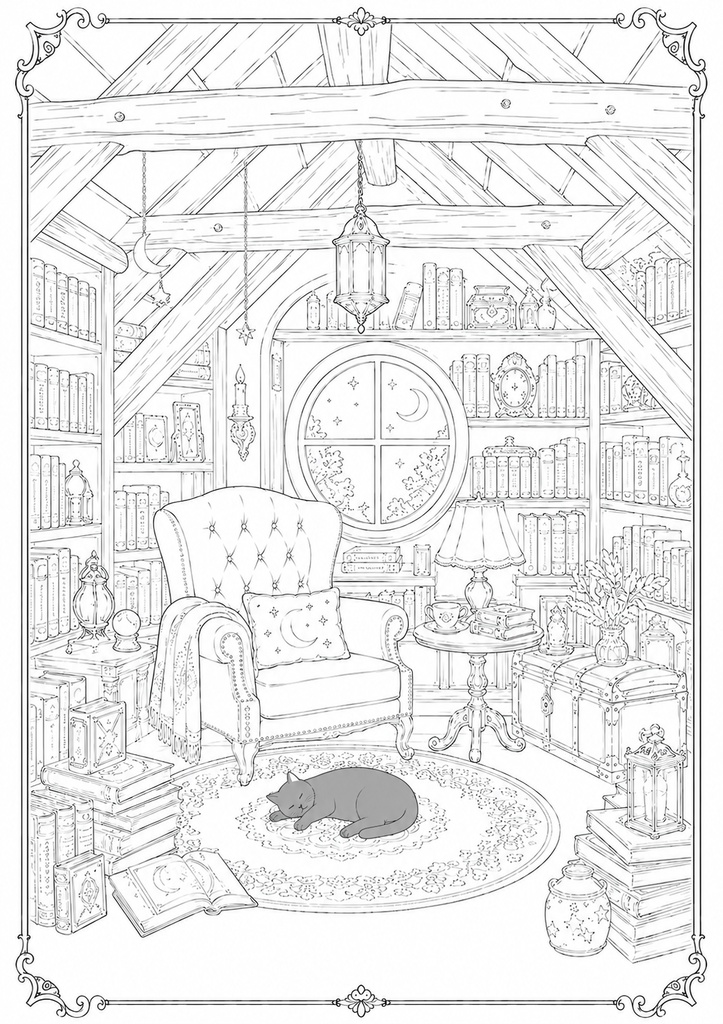 深夜図書館の黒猫たち Vol.5【大人の塗り絵PDF】