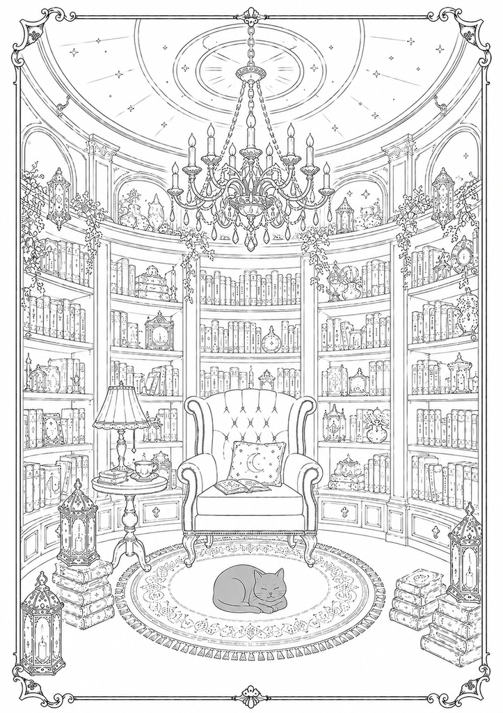 深夜図書館の黒猫たち Vol.5【大人の塗り絵PDF】