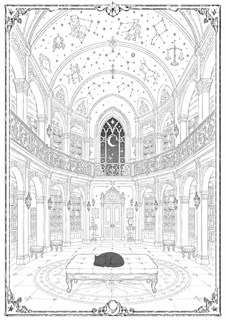 深夜図書館の黒猫たち Vol.7【大人の塗り絵PDF】