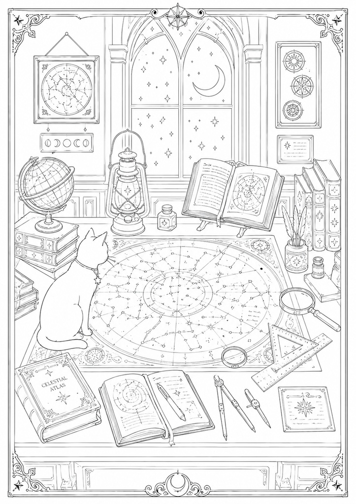 深夜図書館の黒猫たち Vol.7【大人の塗り絵PDF】