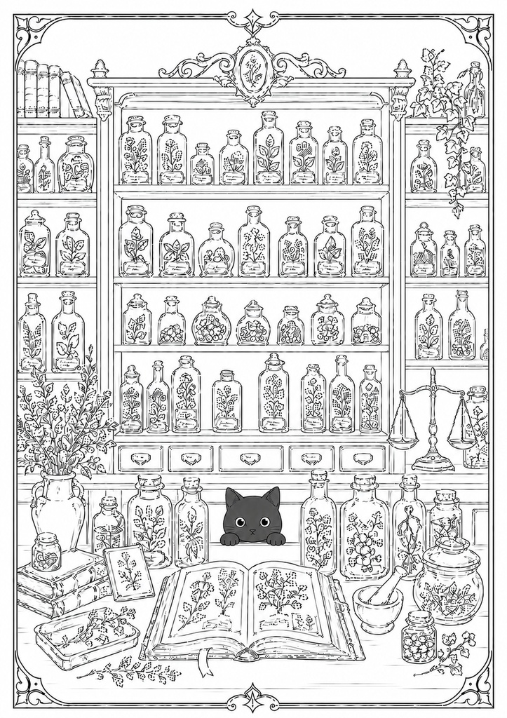 深夜図書館の黒猫たち Vol.8【大人の塗り絵PDF】