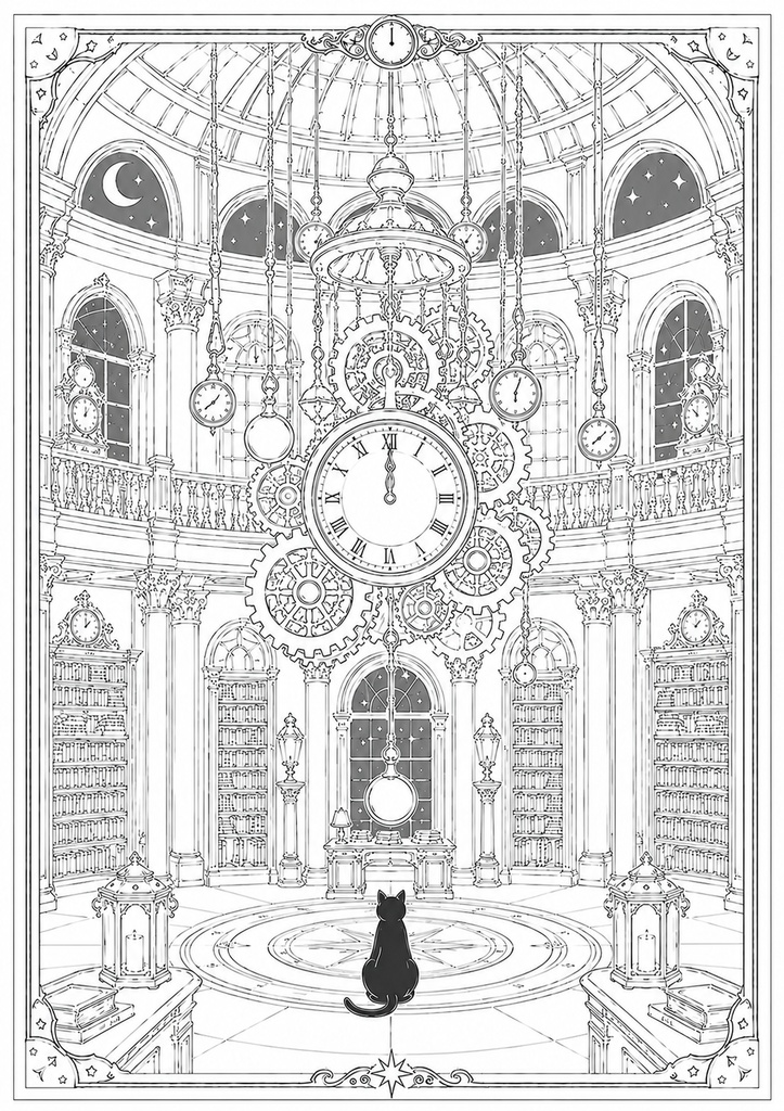 深夜図書館の黒猫たち Vol.9【大人の塗り絵PDF】