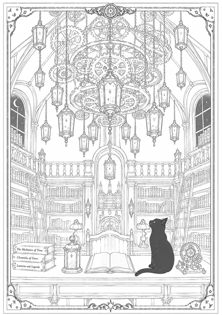 深夜図書館の黒猫たち Vol.9【大人の塗り絵PDF】