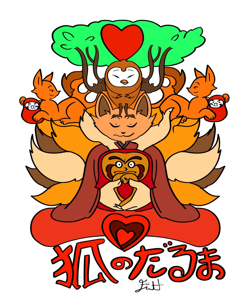 狐のだるま ラグランTシャツ